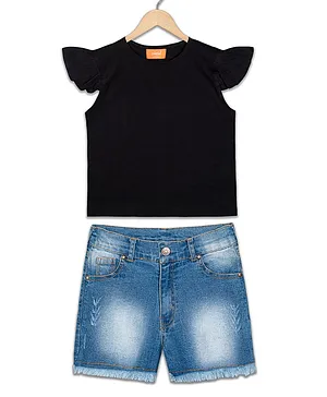 Olele Cap Sleeves Solid Colour Top With Shorts - Black & Blue