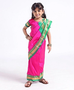 Bhartiya Paridhan Half Sleeves Blouse and Nauvari Saree with Jari Border - Pink