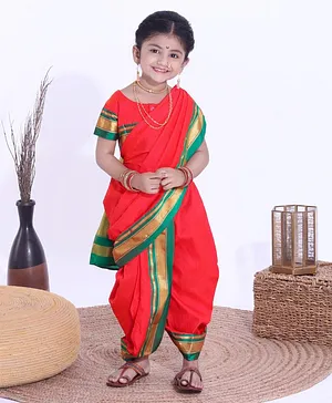 Bhartiya Paridhan Half Sleeves Blouse & Nauvari Saree - Red
