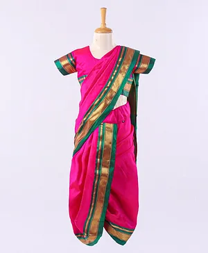 Bhartiya Paridhan Half Sleeves Blouse & Jari Bordered Nauvari Saree - Dark Pink
