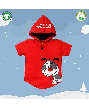 Pranava Organic Cotton Short Sleeves Puppy Patch Hooded Tee - Red