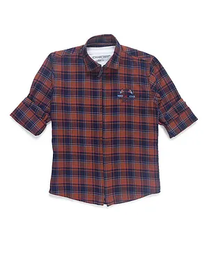 Charchit Kids Full Sleeves Checked Shirt With Attached Tee - Brown