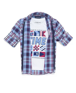Charchit Kids Full Sleeves Checked Shirt With Attached Tee - Blue
