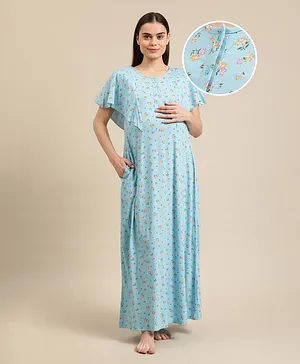 Bella Mama Half Sleeves Maternity & Nursing Nighty Floral Print - Light Blue