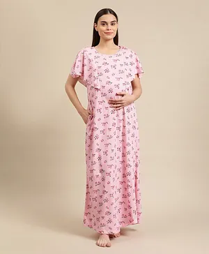 Bella Mama Half Sleeves Maternity & Nursing Nighty Floral Print - Pink