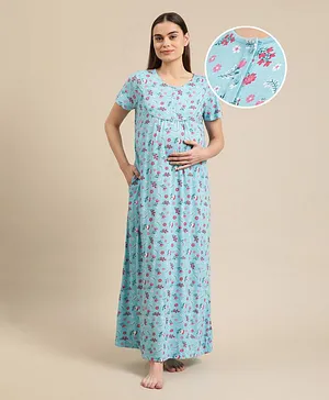 Bella Mama Half Sleeves Maternity & Nursing Nighty Floral Print - Teal