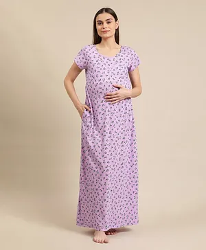 Bella Mama Half Sleeves Maternity & Nursing Nighty Floral Print - Lavender
