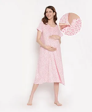 Bella Mama Half Sleeves Maternity Nursing Nighty Dot Print - Pink