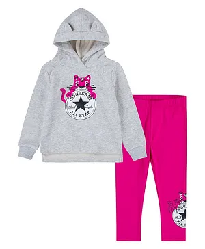 Converse Cat Print Full Sleeves Hoodie With Leggings - Grey & Pink