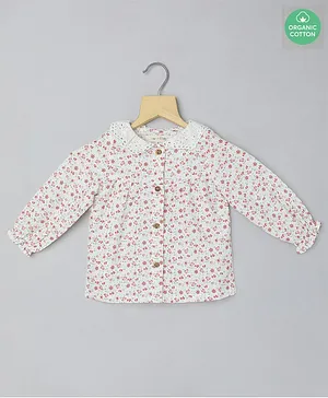 Sweetlime by A.S Full Sleeves All Over Flower Print Lace Collar Detailing Organic Top - White