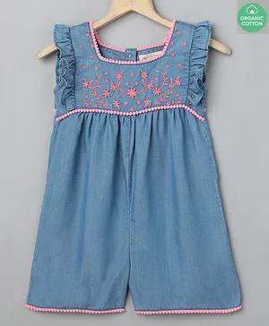 Sweetlime by A.S  Sleeveless Flower Embroidered Yoke Pom Pom Lace Romper - Blue