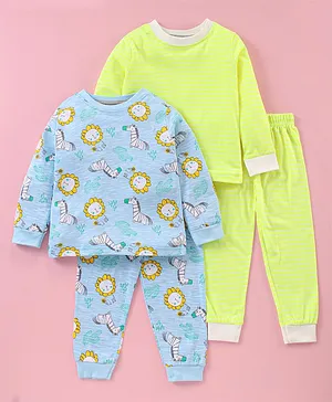 Rikidoos Pack Of 2 Full Sleeves Lion Print & Striped Night Suits - Blue Green