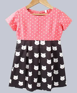 Kadam Baby Polka Dot & Teddy Print Short Sleeves Dress - Pink & Black