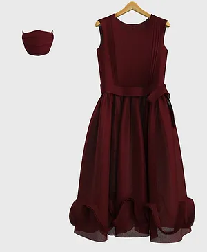 HEYKIDOO Sleeveless Solid Colour Dress With Face Mask - Maroon