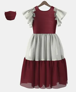 HEYKIDOO Short Sleeves Solid Colour Dress With Face Mask - Maroon