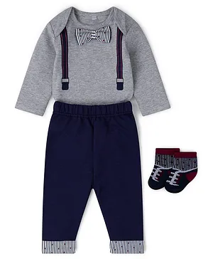 Little Gent Full Sleeves Onesie and Lounge Pant With Socks - Blue