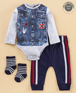 Lily and Jack Full Sleeves Onesie and Lounge Pant With Socks - Grey Blue