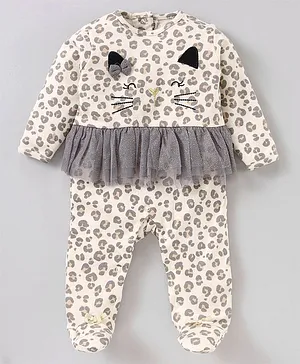 Lily and Jack Full Sleeves Nightsuit Leopard Print & Bow Applique - Cream