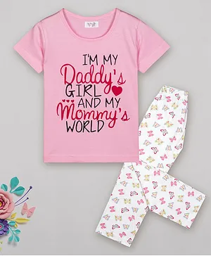 Sheer Love Daddy's Girl And Mommy's World  Printed Half Sleeves Night Suit - Pink