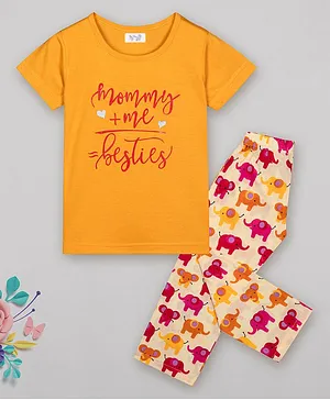 Sheer Love Mommy + Me Bestie Print Half Sleeves Night Suit - Mustard