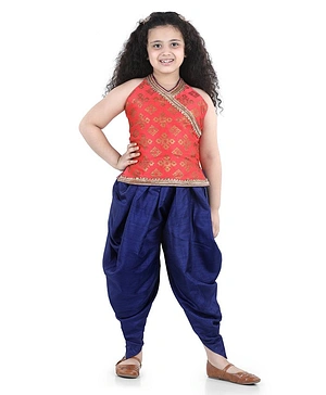 Adiva Sleeveless Motif Print Top With Dhoti Pants - Peach Blue