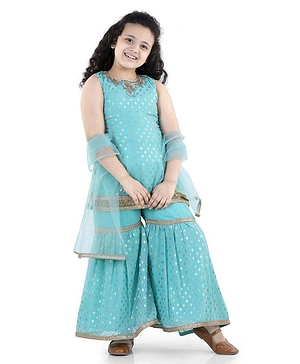 Adiva Kids Sleeveless Block Foil Print Kurti With Sharara Pants & Dupatta - Blue
