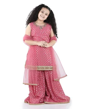 Adiva Kids Sleeveless Block Foil Print Kurti With Sharara Pants & Dupatta - Pink