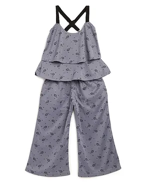 Adiva Sleeveless All Over Flower Print Top With Palazzo Pants - Grey