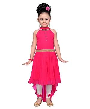 Adiva Girls Sleeveless Georgette Solid High Low Knee Length Dress  - Rani