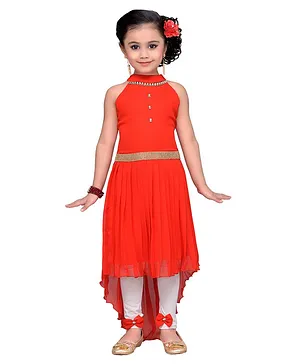 Adiva Girls Sleeveless Georgette Solid High Low Knee Length Dress  - Red