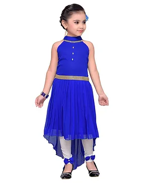 Adiva Girls Sleeveless Georgette Solid High Low Knee Length Dress  - Royal Blue