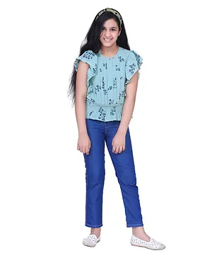 Adiva Girls Half Sleeves Floral Print Top With Jeans - Blue
