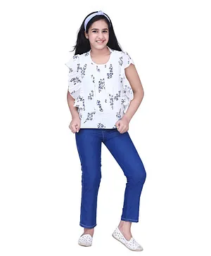 Adiva Girls Half Sleeves Floral Print Top With Jeans - White