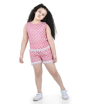 Adiva Sleeveless Polka Dots Print Top With Shorts - Peach
