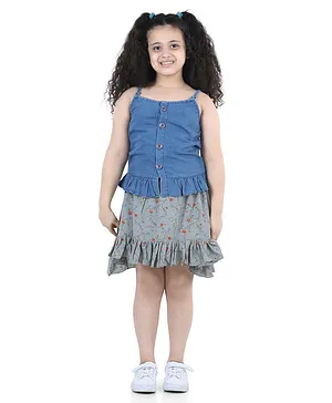 Adiva Girls Sleeveless Top & Flower Print Skirt Set - Grey