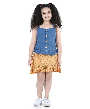 Adiva Girls Sleeveless Top & Flower Print Skirt Set - Yellow