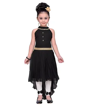 Adiva Sleeveless Georgette Solid High Low Knee Length Dress - Black