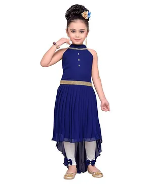 Adiva Sleeveless Georgette Solid High Low Knee Length Dress - Blue