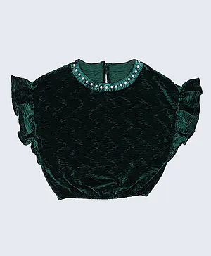 One Friday Cap Sleeves Embellished Neckline Top - Green