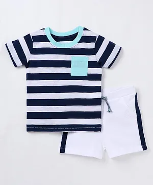 Flenza Striped Half Sleeves Tee With Shorts - White Blue