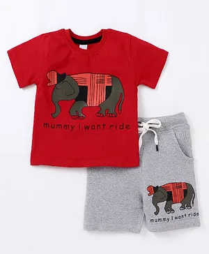Flenza Elephant Print Half Sleeves Tee With Shorts - Red