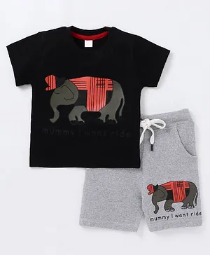 Flenza Elephant Print Half Sleeves Tee With Shorts - Black