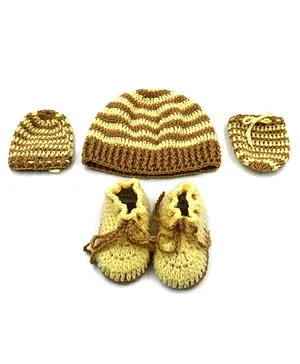 Magic Needles Handmade Striped Cap With Booties & Mittens - Brown