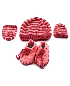 Magic Needles Handmade Striped Cap With Mittens & Booties - Pink