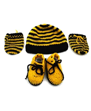 Magic Needles Handmade Striped Cap With Mittens & Booties - Yellow
