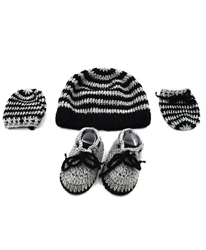 Magic Needles Handmade Striped Cap With Booties & Mittens - Black