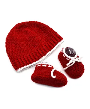Magic Needles Handmade Solid Cap With Booties - Red