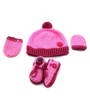 Magic Needles Handmade Solid Cap With Booties & Mittens - Pink