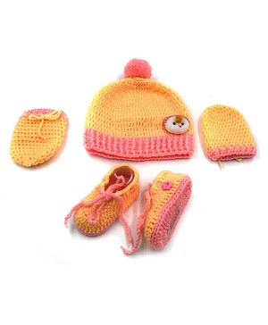 Magic Needles Handmade Dual Colour Cap With Booties & Mittens - Pink & Yellow