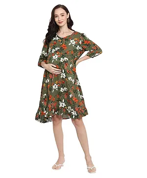 Momsoon Three Fourth Sleeves Floral Print Maternity Dress - Green